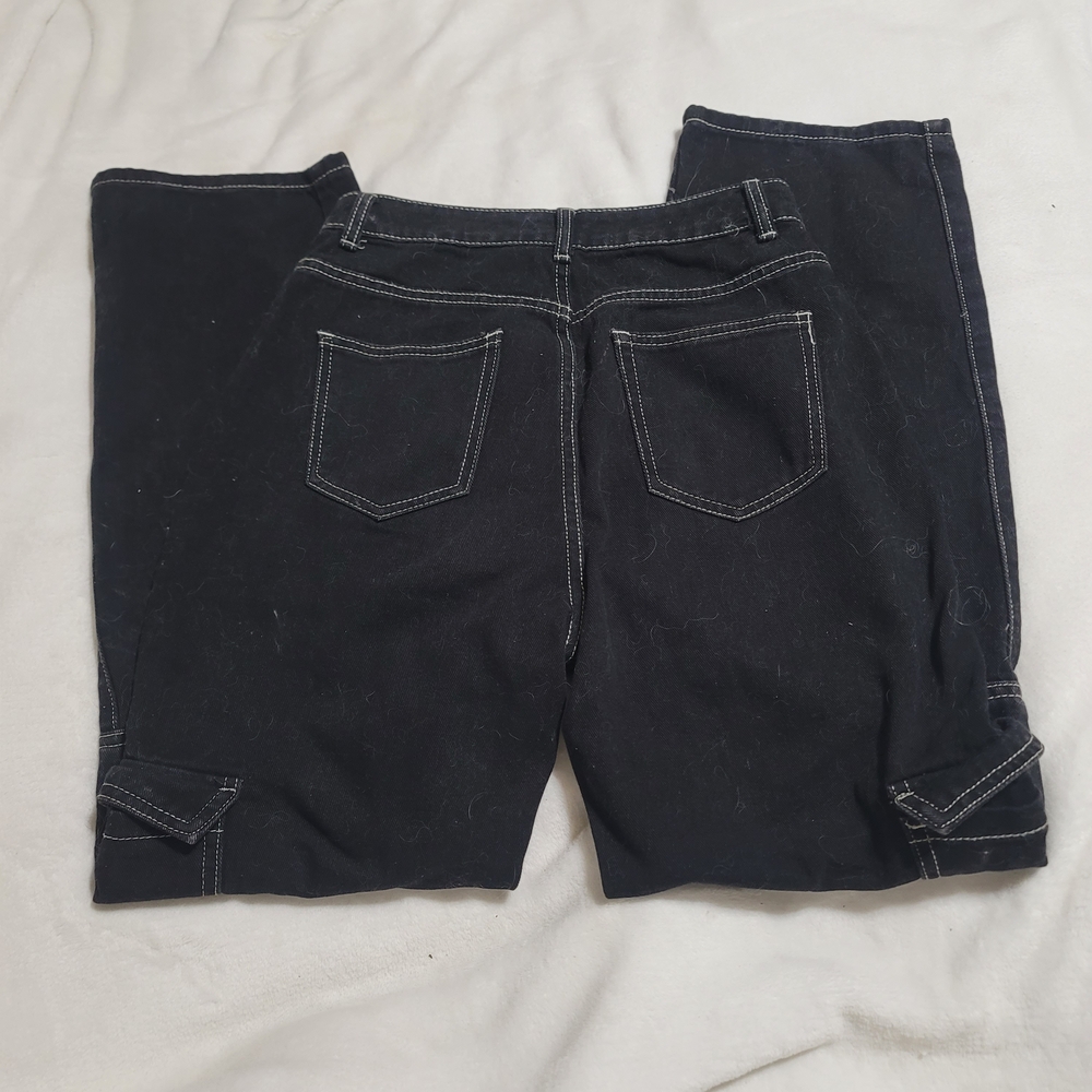 Womens Dark Wash Black Denim Cargo Wide‎ Leg Jeans Sz Small Shein Cotton Blend - Picture 3 of 4